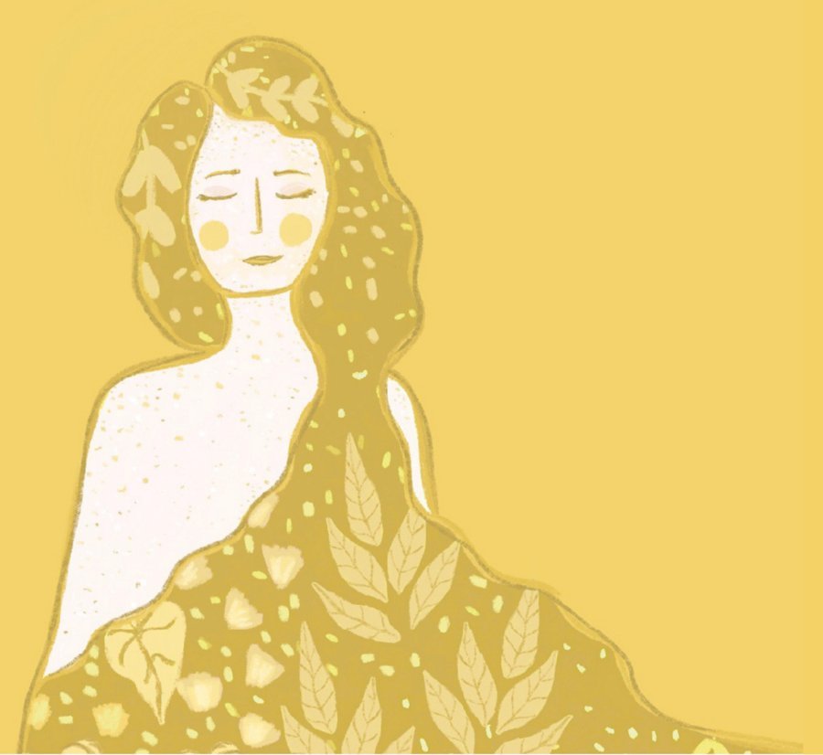 Retrato ilustrado de Clara con hojas en el pelo